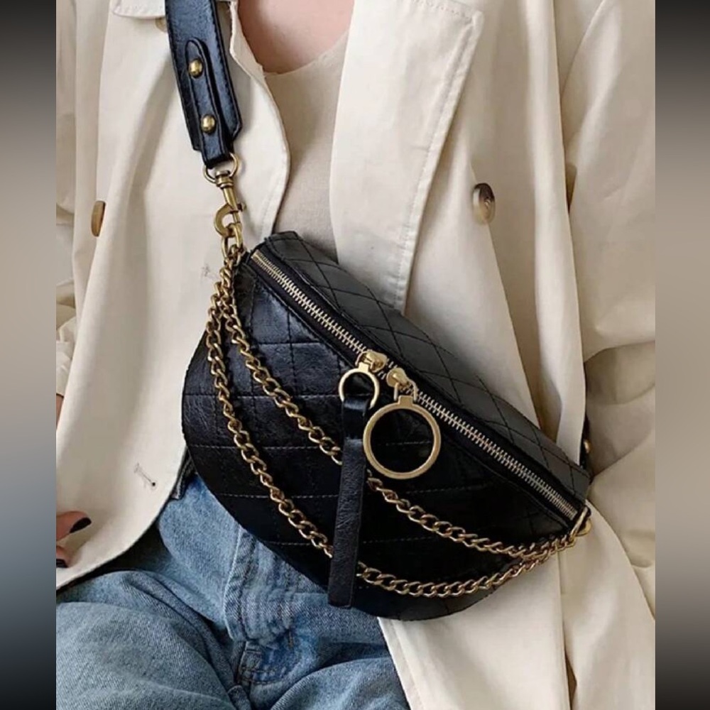 Luxe black vegan leather bum bag zipper chain Fanny pack ack crossbody bag - Picture 1 of 5
